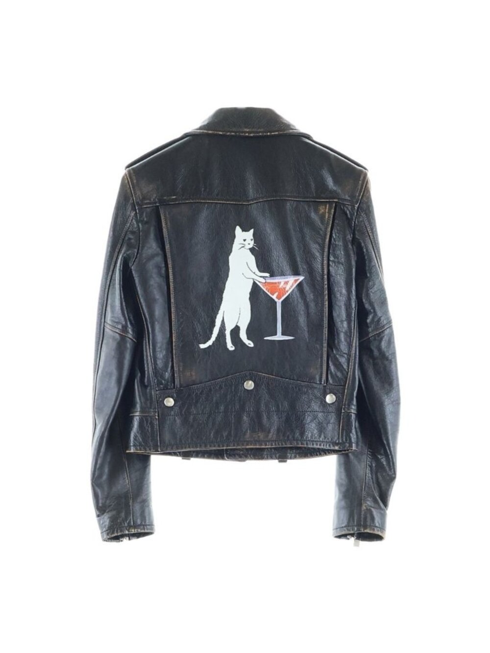 Saint Laurent Paris Motorcycle Jacket Cat&cocktail Distressed Calfskin Double